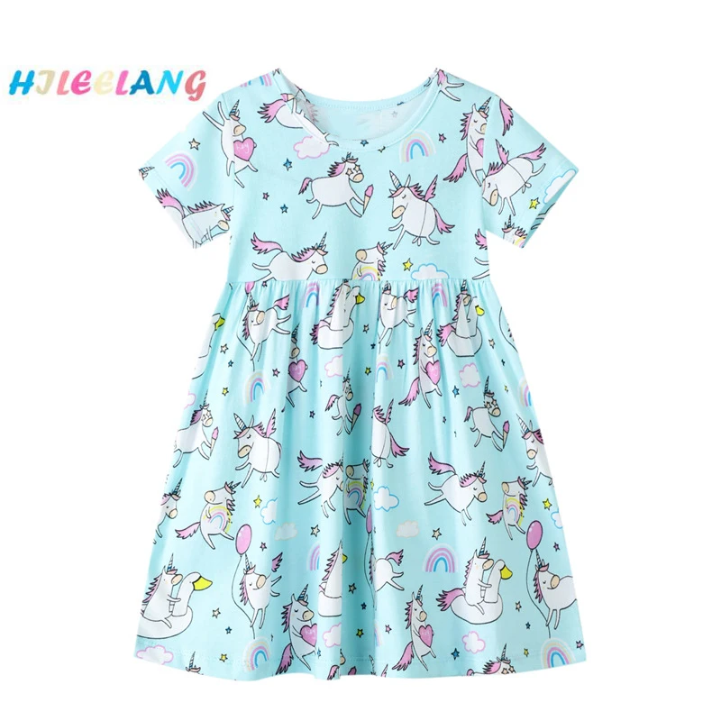 

2020 Summer Hot Kids Short Sleeve Blue Printed Unicorn Toddler Girls Dress