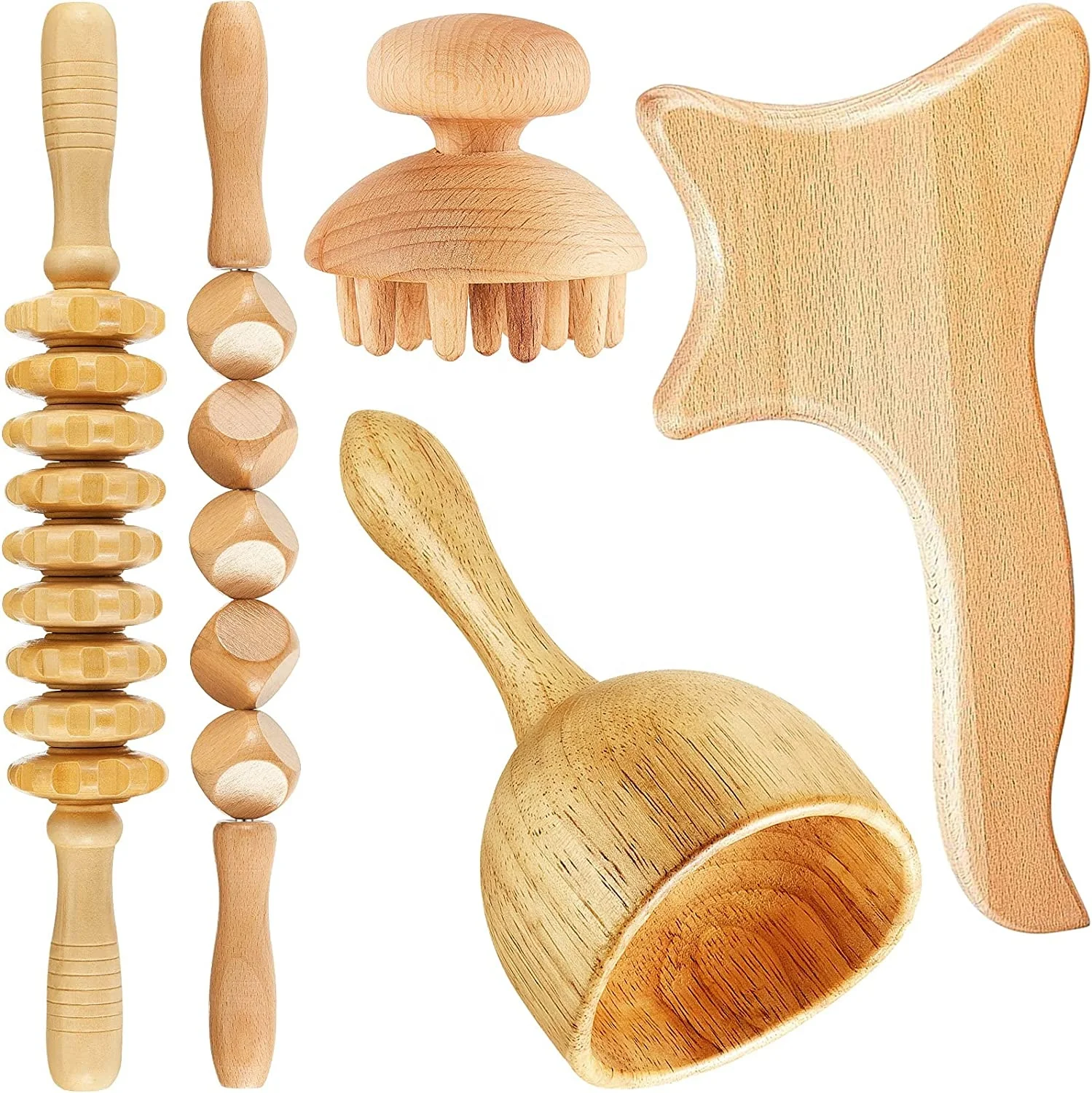 

5 Pieces of Wood Massage Stick Wood Roller Lymphatic Drainage Massager kit Wood Therapy Massage Tools