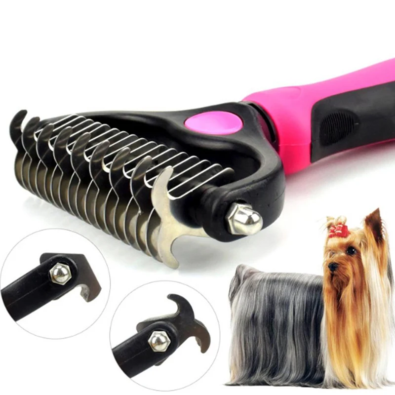 

Pet Fur Knot Cutter Dog Grooming Shedding Tools Pet Cat Hair Removal Comb Brush Double sided Pet Products, Blue,pink