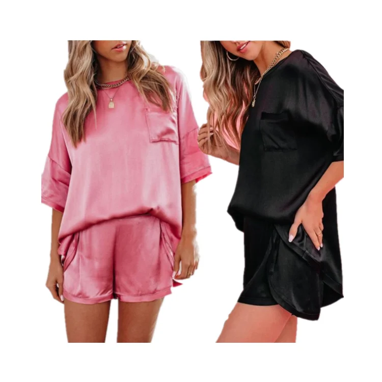 

Fashion Solid Colors Summer Home Wear Womens Satin Pajama Set with Short Pants ZGJ-0269