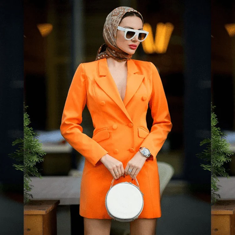 Fashion Solid Double-breasted Long Sleeve Blazer Dress