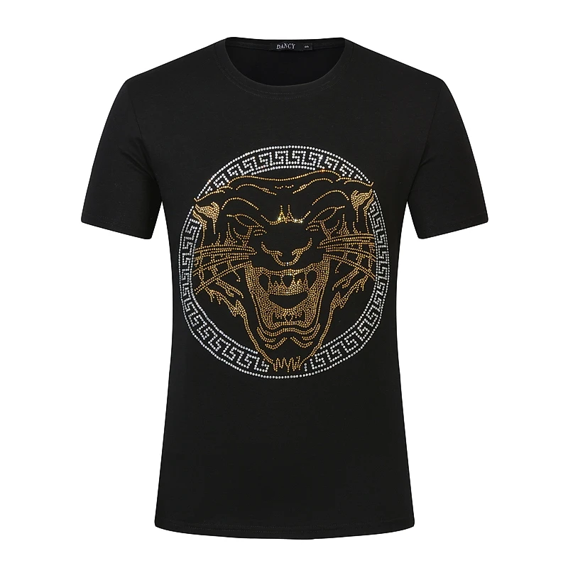 

New Product Custom High Quality Cotton Short Sleeves Tauren Print Embroidery And Rhinestone Process Luxury Men T Shirt, As pic