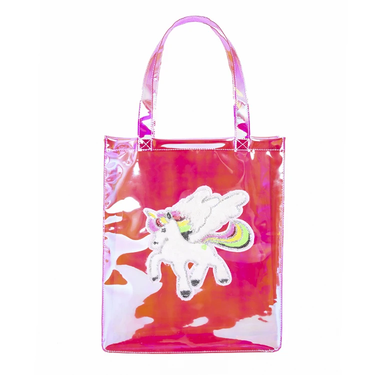 
BSCI Factory 2020 newly designed clear plastic hand bag ladies holographic pvc tote bags laser material makeup bags 