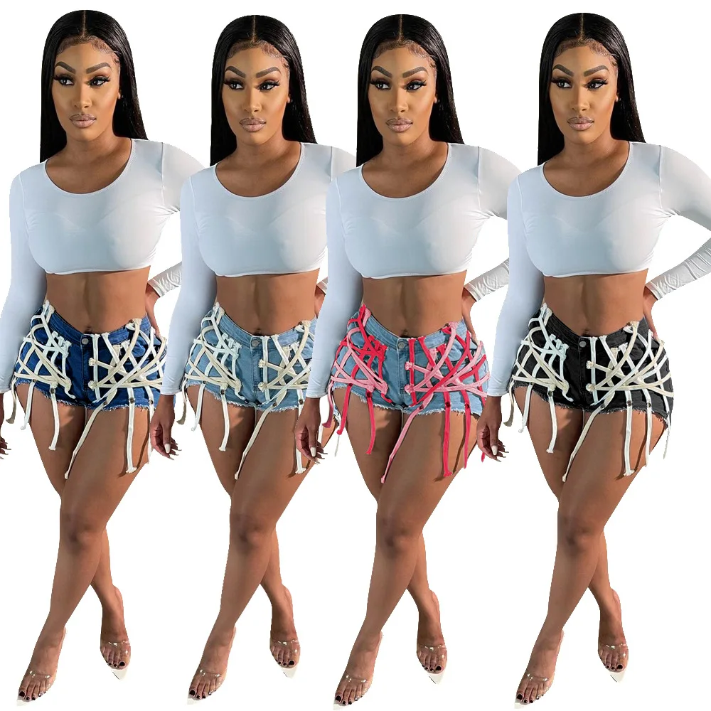 

S-58 S-2XL 2021 summer ladies wear Eyelet Bandage casual pants denim jean shorts women short bottom