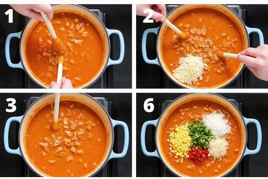 Step-by-step preparation of chicken taco chili showing ingredients being added to a pot on the stove