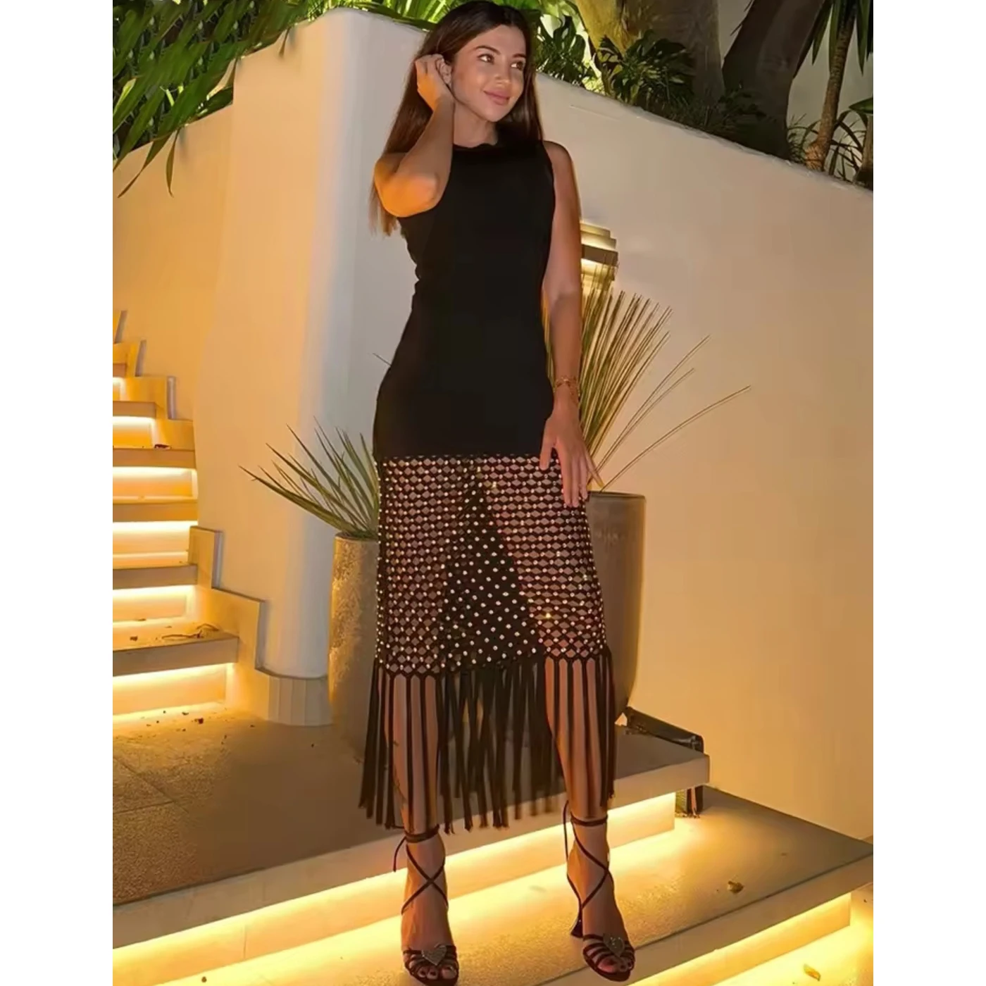 Sleeveless Evening Dress Mesh Fringe