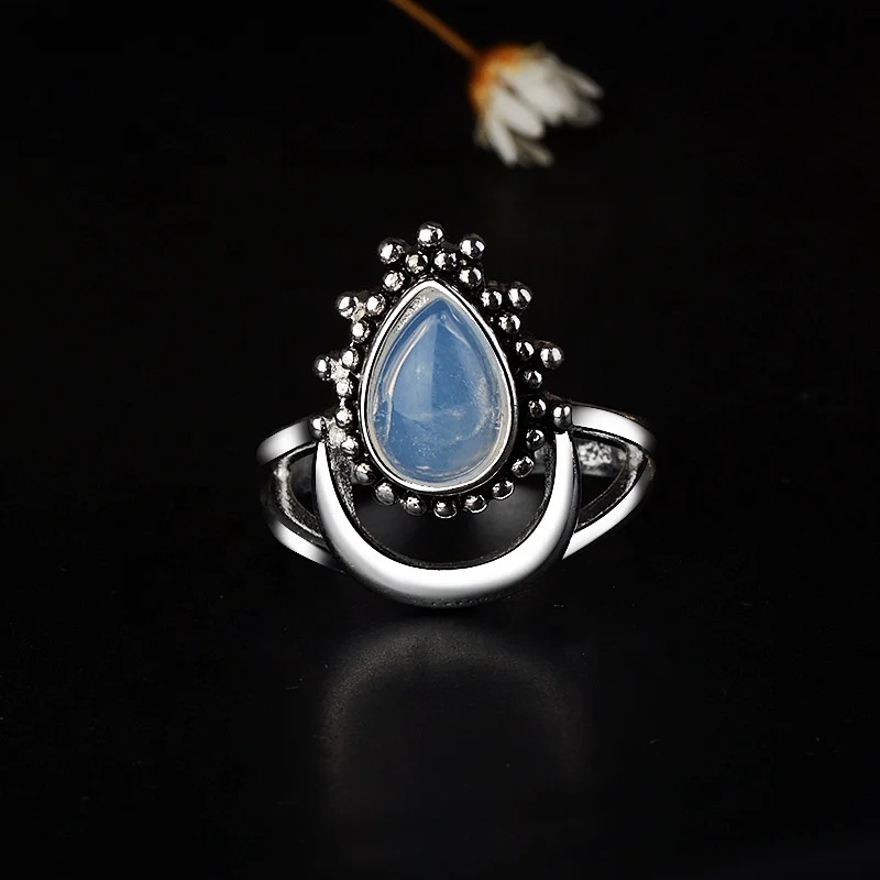 

European Style Moonstone Rings For Women Men Antique Silver Color Filled Boho Teardrop White Opal Ring Female Wedding