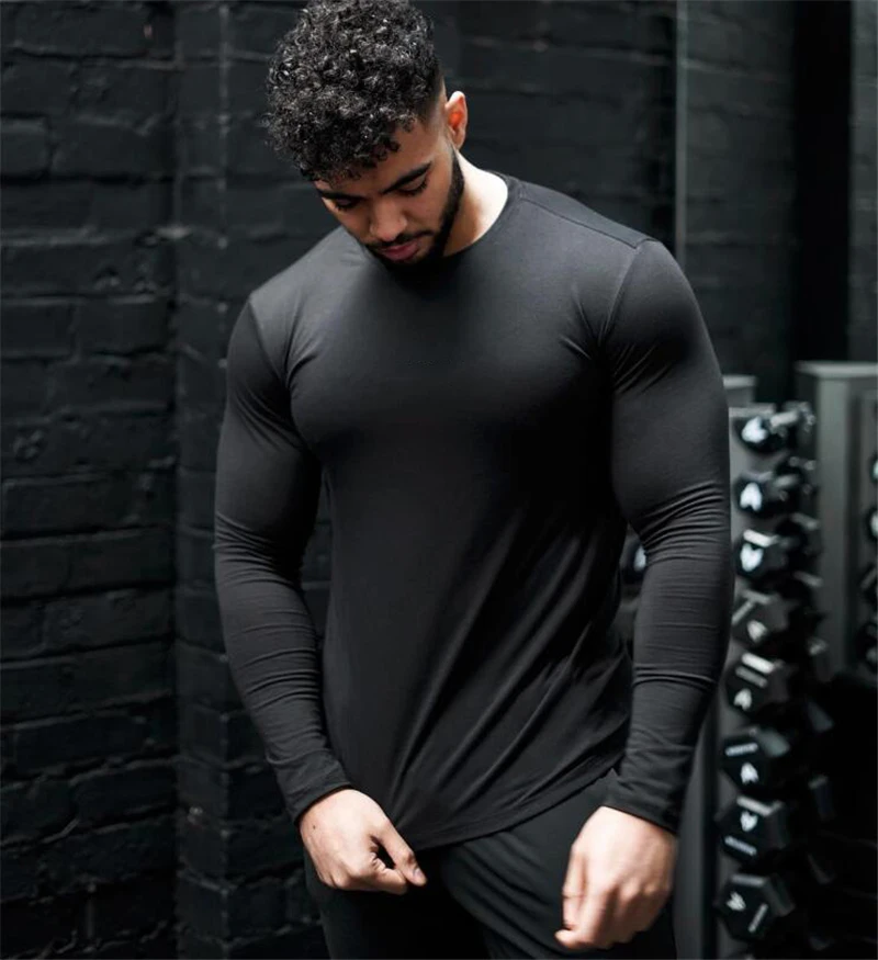 

Long sleeves casual sports T shirt solid fitness mens apparel clothing, Picture