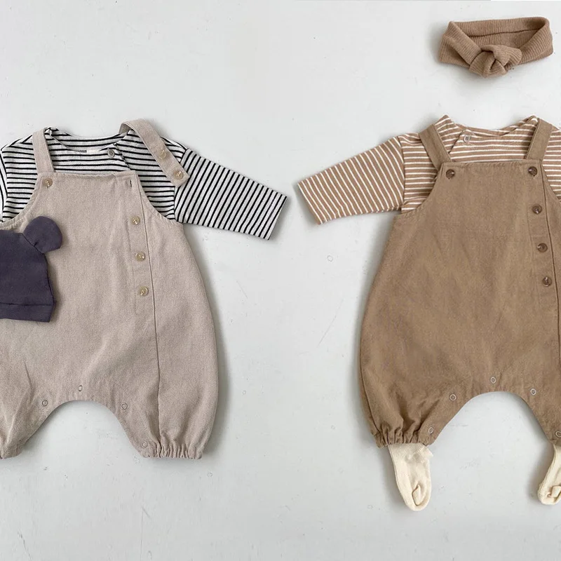 

Spring Autumn Fashion Baby Clothes Breathable Infant Boys Girls Solid Casual Overalls Suspender Rompers Vintage Baby Outfits New