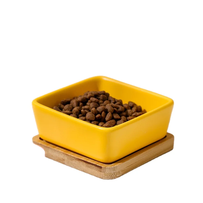 

Fashionable Small Quadrate Ceramic Pet Dog Cat Bowl with Wooden Bamboo Tray, Sku01-sku15