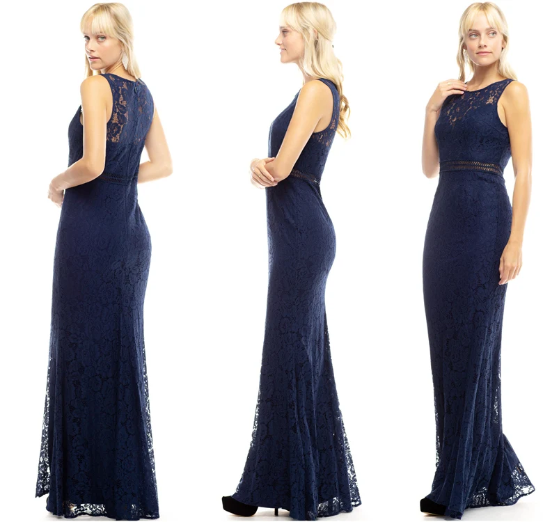 

New arrivals round collar hollow out bridesmaid long dresses blue wholesale