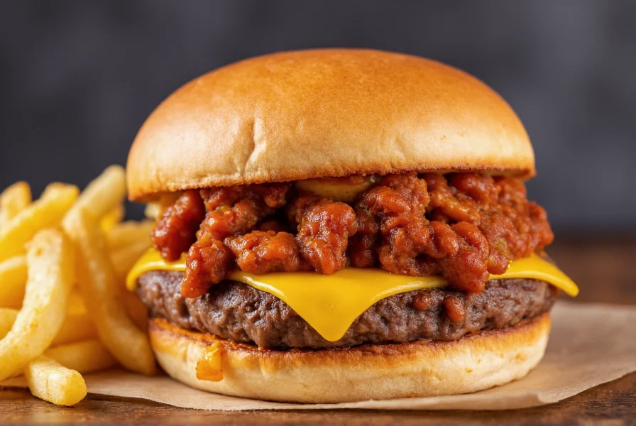 Perfectly assembled chili burger with melted cheese, showing juicy beef patty and rich chili topping on toasted bun with side of fries
