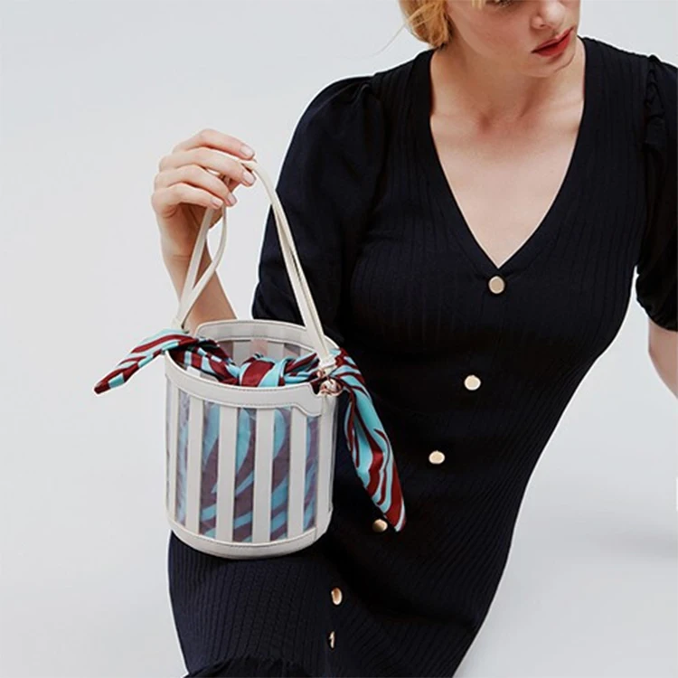 

AZB468 Fashion Bucket Shape Woman Bags Silk Scarf Handbags Shoulder Stitching Splicing Transparent Hand Bags For Women, Brown bucket shape woman bags