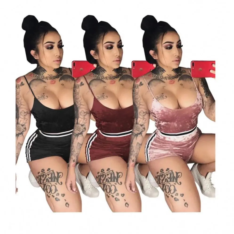 

2020 Wholesale Sports Style Side Striped Velour Club Wear Sexy Women 2 Piece Shorts Set, Black, red, pink