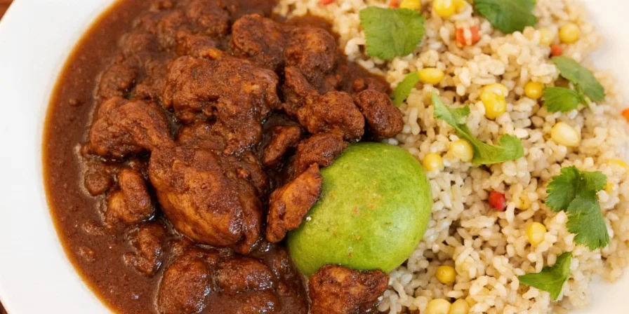 Mole sauce being poured over chicken