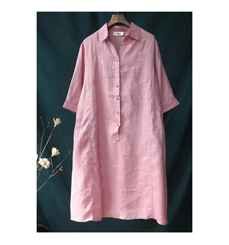 

Korea style casual linen dress super size T shirt V neck dress loose, Six colors as shown