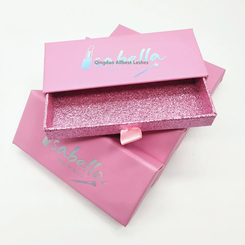 

Slide out Holographic Paper Eyelash Packaging Box Pink Custom 25mm Mink Glitter Paper Eyelash Box