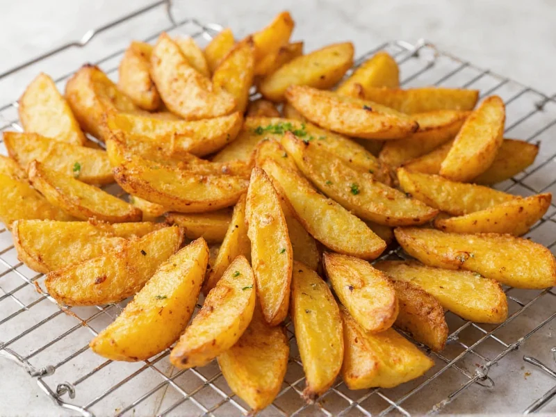 Golden crispy potato wedges on wire rack with herbs