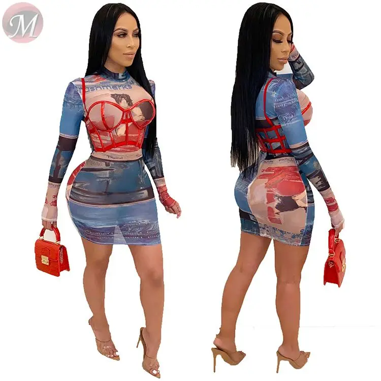 9122709 wholesale fashion sheath clubwear long sleeve print round neck Party Bodycon Sexy Dress summer dresses women