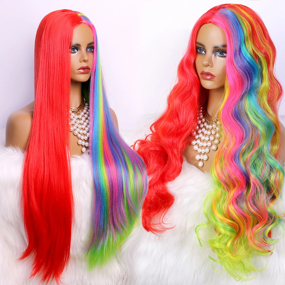 

Rainbow Ombre Red Synthetic without Lace Wig Long Straight Hair Colorful High Temperature Resistant Body Wave Wig Halloween