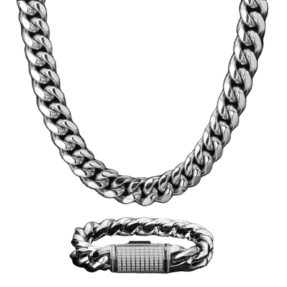 

Drop Shipping RTS Stock Low MOQ 18mm Rhodium Silver Plated CZ Clasp Stainless Steel Cuban Link Chain For Amazon Wish Ebay