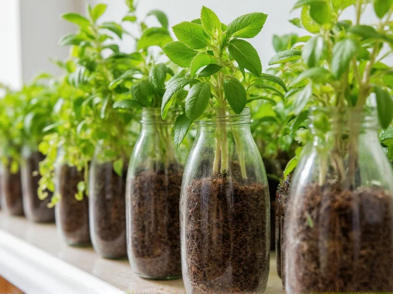 Plastic bottle planters with herbs growing vertically