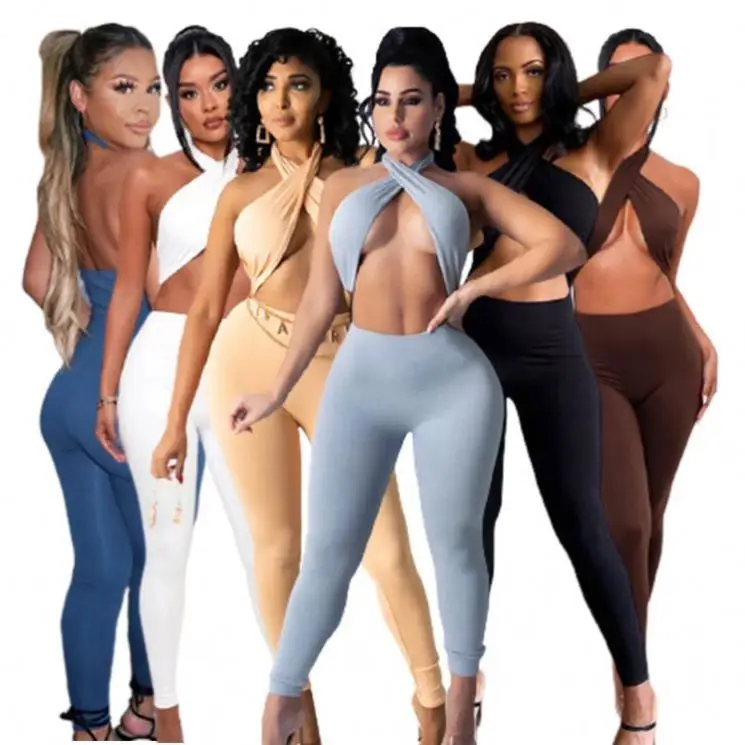 

2021 New Arrival 2021 Solid Color Women Clothes Halter Ladies One Piece Jumpsuits Sexy Rompers For Women