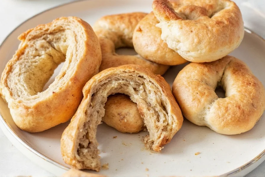 Step-by-step photos of making cinnamon raisin bagel dough, shaping, boiling, and baking process