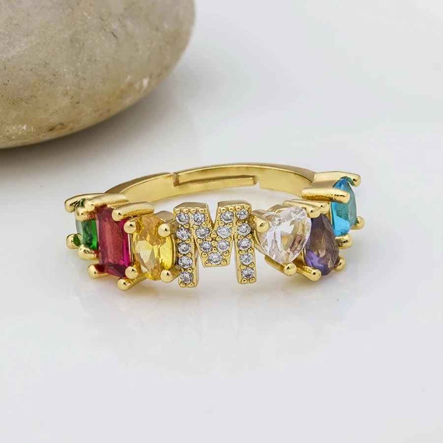 

Personality Jewelry 26 Initial Capital Letter Ring Dainty Micro Pave CZ Bohemian Copper 18k Gold Plated Zircon Rainbow Rings