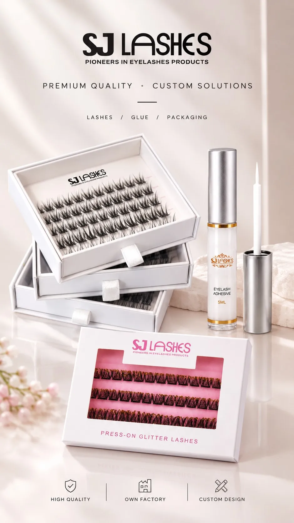 Complete DIY lash series: white slide-out segment boxes with lash trays, silver-capped 5ml eyelash adhesive tube with white carton, and press-on glitter lash window boxes with pink trays - private label lash line OEM