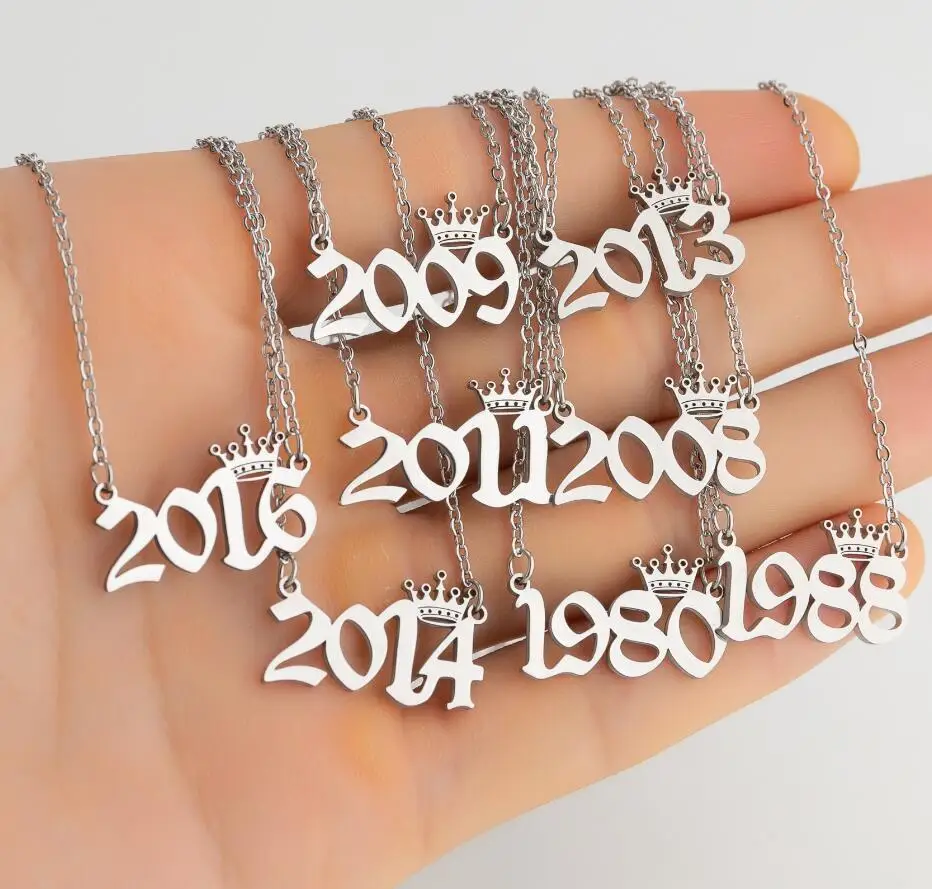 

Custom Number Personalized New Stainless Steel Birth Year Necklaces Gold Silver Old English 1980-2020 Crown Year Letter Necklace