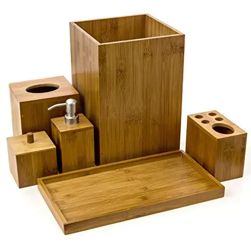 

Luxury customized 6 pcs hotel mordern wooden washroom toilet accessories bamboo bathroom accessories set, Natural
