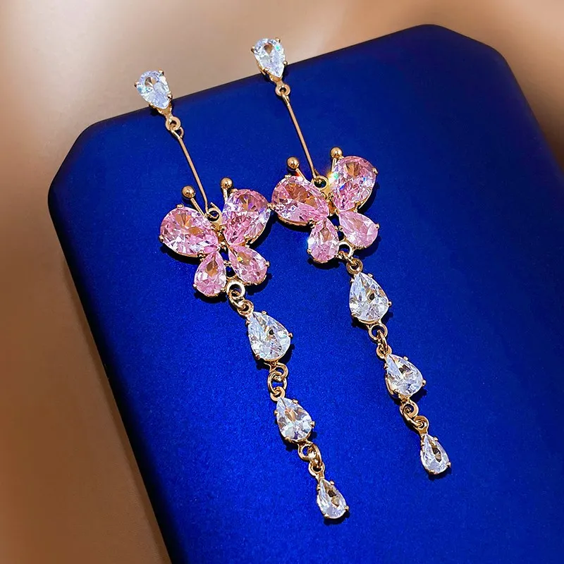 

pink crystal heart butterfly flower ready to ship fashion earrings