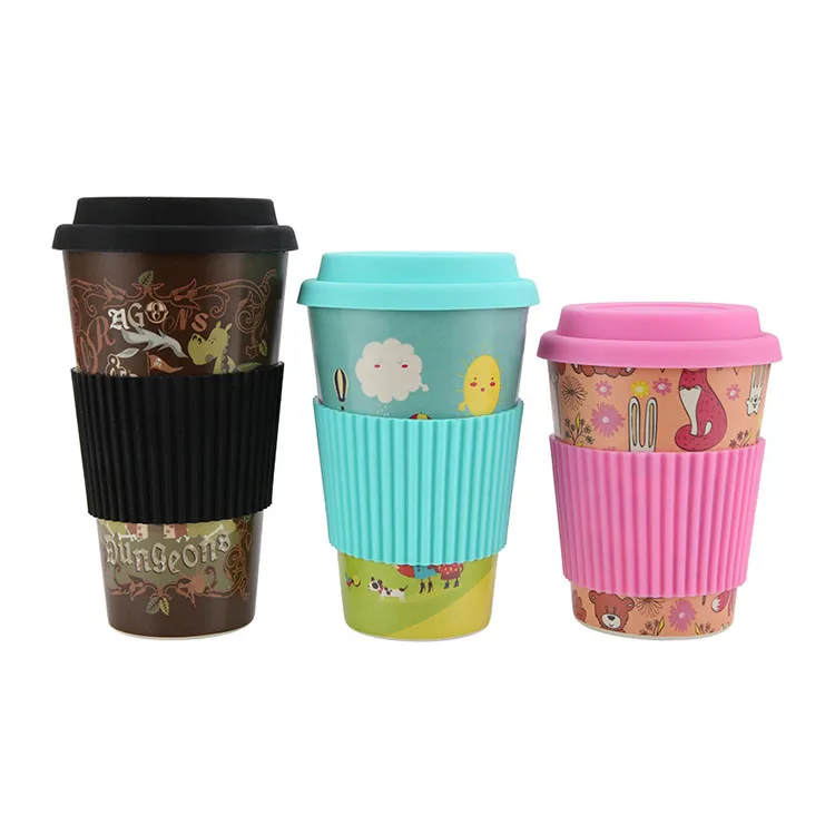 

Hot Selling Products Reusable Bamboo Fiber Coffee Cup& Biodegradable Coffee Mug With Silicone Case, Yellow, khaki, brown, rose, blue, pink.