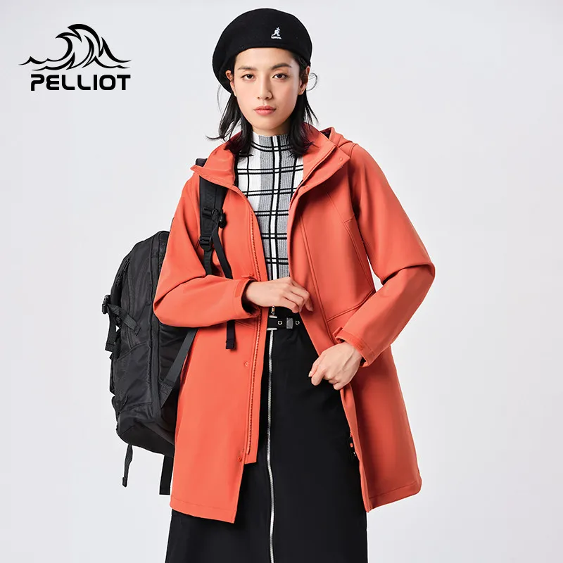 

New arrival Pelliot Fashion Eco-friendly long women softshell jacket water repellent warm soft shell jaket with hood, Light gray, orange, black, customized color