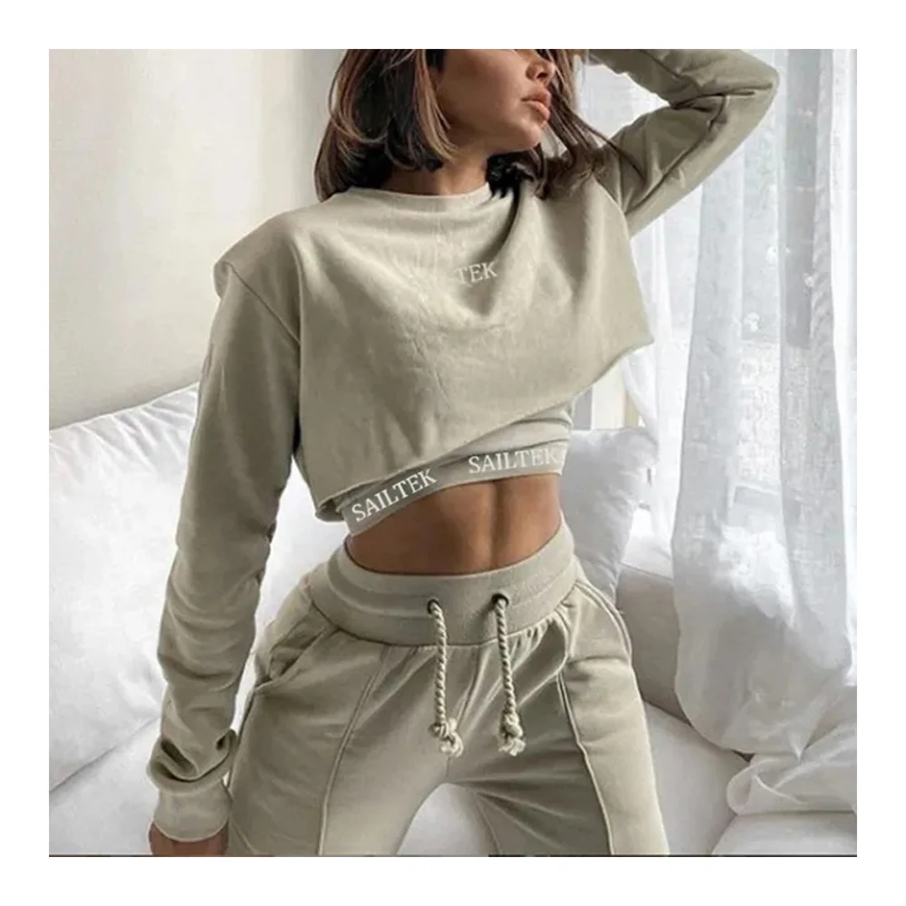 

Women Lounge wear Sets Solid Color Yoga Fitness Trousers 2 Piece Lounge Women Crop Top Jogger Set 2023 Causal Two Piece Sets