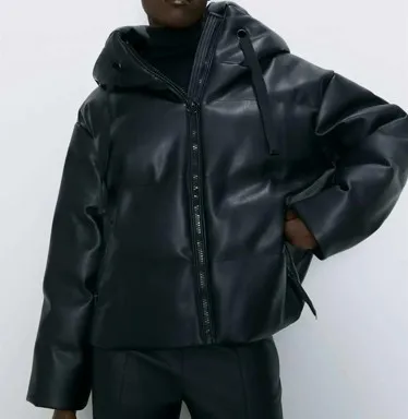 

New women cheques laser leather puffer jackets custom logo