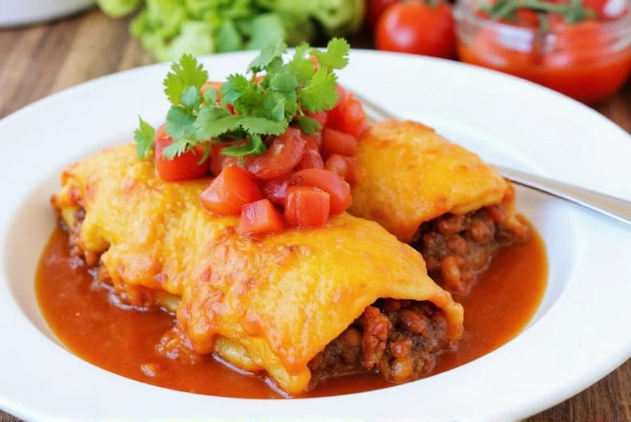 Finished easy chili relleno recipe served on white plate with tomato salsa and fresh cilantro garnish