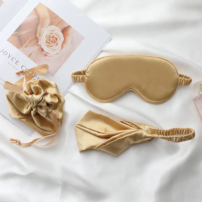 

New Arrival 3pcs Set Sleep Silk Eye Mask Soft Eye Mask Set with Satin Hair Band and Bag, Picture