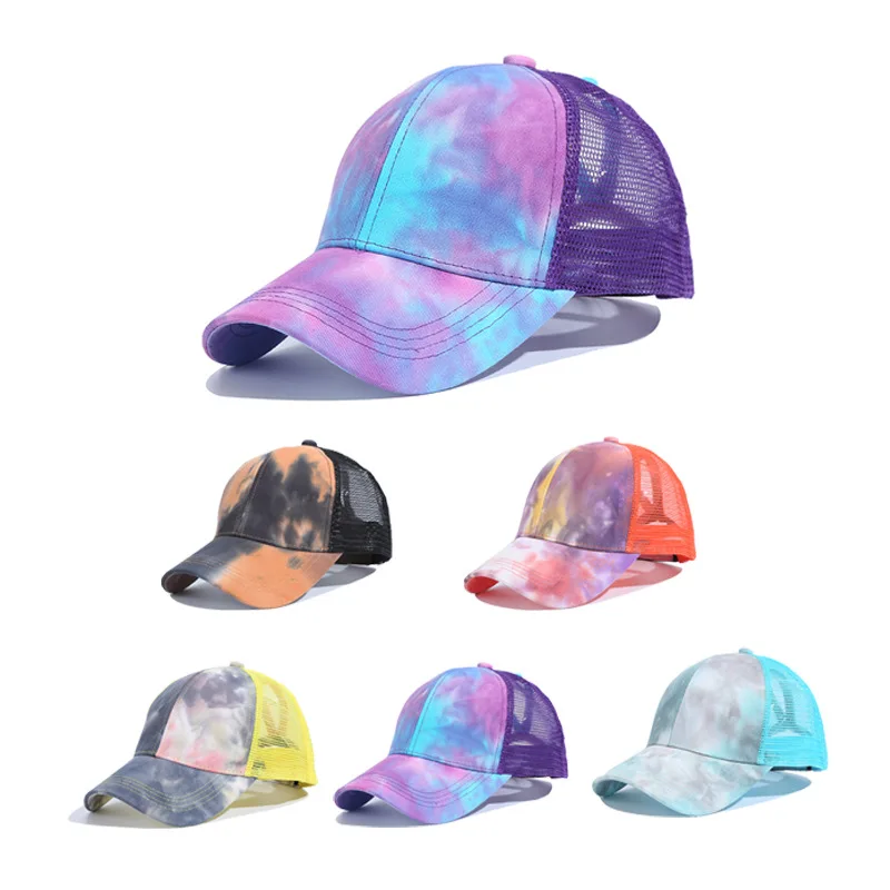 

DDA2454 Women Messy High Bun Trucker Hats Mesh Gradient Rainbow Printed Baseball Caps Tie Dye Ponytail Snapback Caps