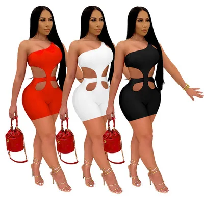 

2021 Summer Sexy Women One Shoulder Sleevless Jumpsuit Ladies Hollow Out Short Bodysuits For Women Solid Rompers