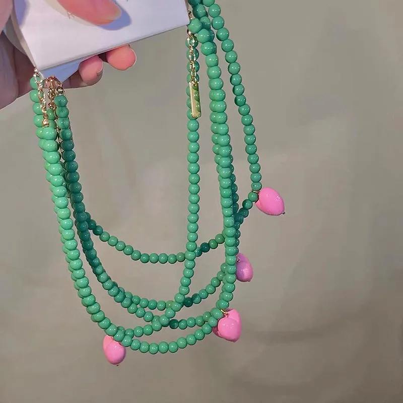 

fashion quality pink heart green beaded choker necklace