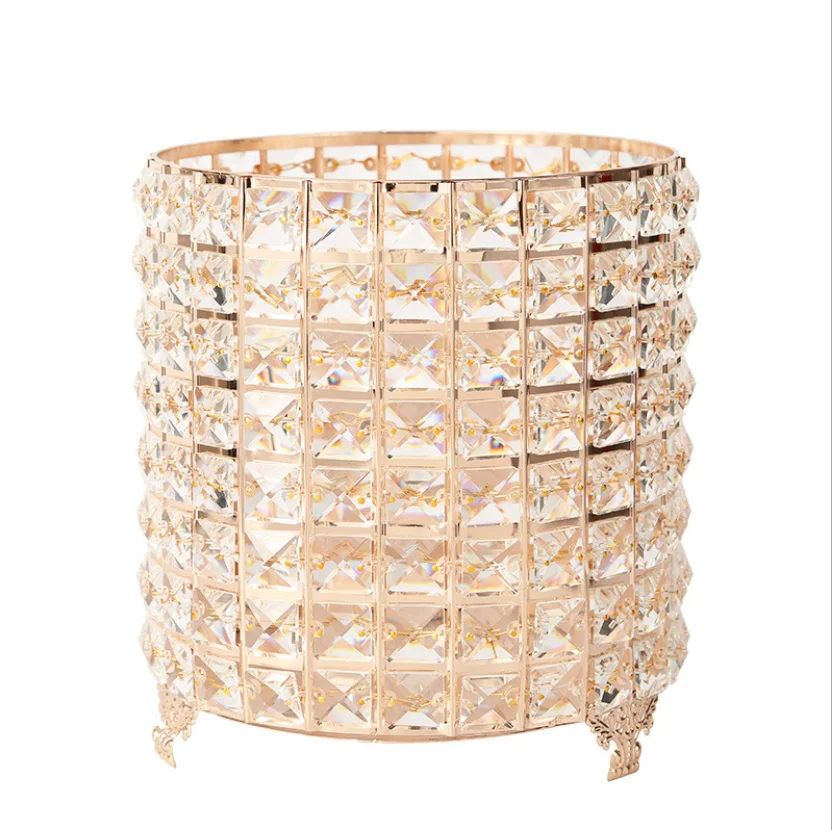 

High Quality Household Luxury Crystal Round Metal Base Trash Can Waste bin vanity decorative, Silver,rose gold,gold