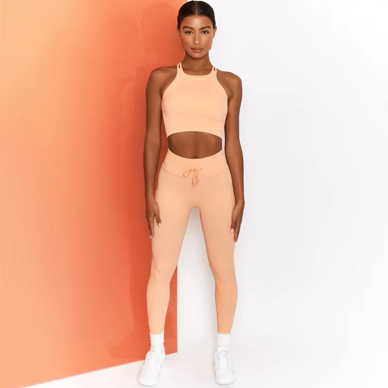 

Solid Color Crop Top Women Breathable High Waist Leggings Custom Logo Gym Wear Women Seamless Yoga Sets, As pictures