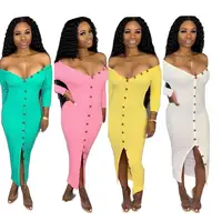 

SG035 lady fashion solid long sleeve button off shoulder dress