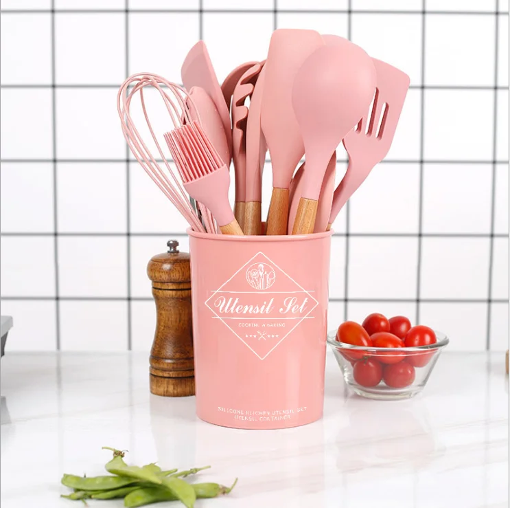 

Silicone Cooking Utensils Kitchen Utensil Set 12 pcs, Turner Tongs,Spatula,Spoon,Brush,Whisk. Wooden Handle, Red