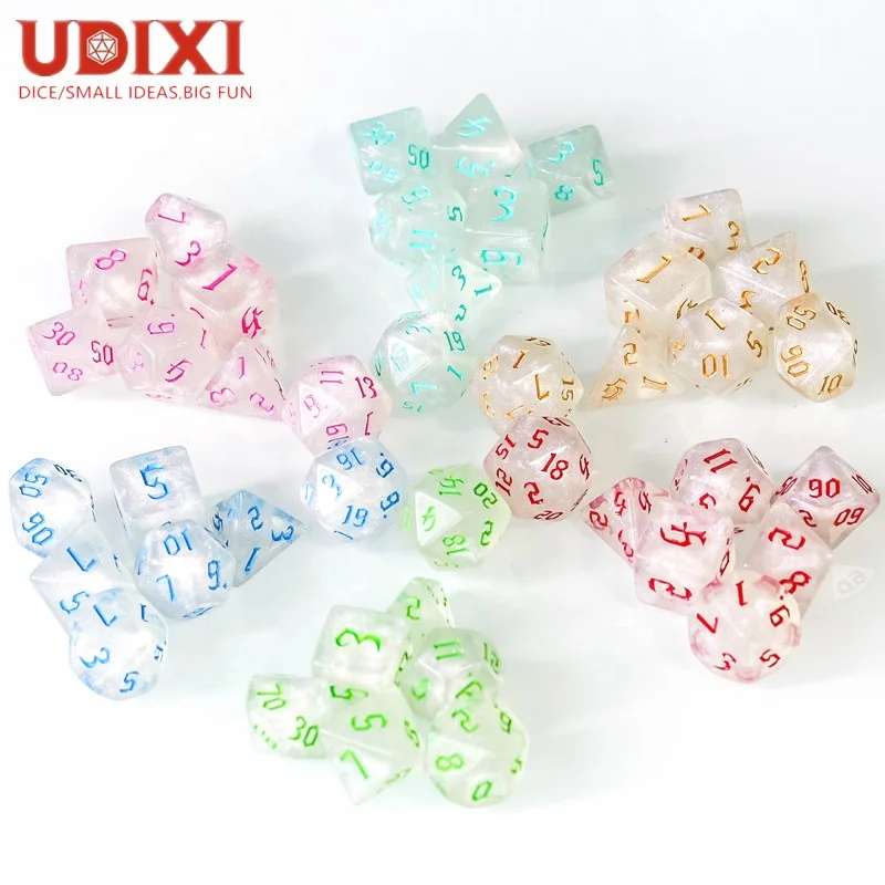 

Udixi White Glitter Dice with Different Color Typeface Polyhedral Acrylic Dice DND RPG Board or Card Games Role-playing Dice Set, Multi-colors