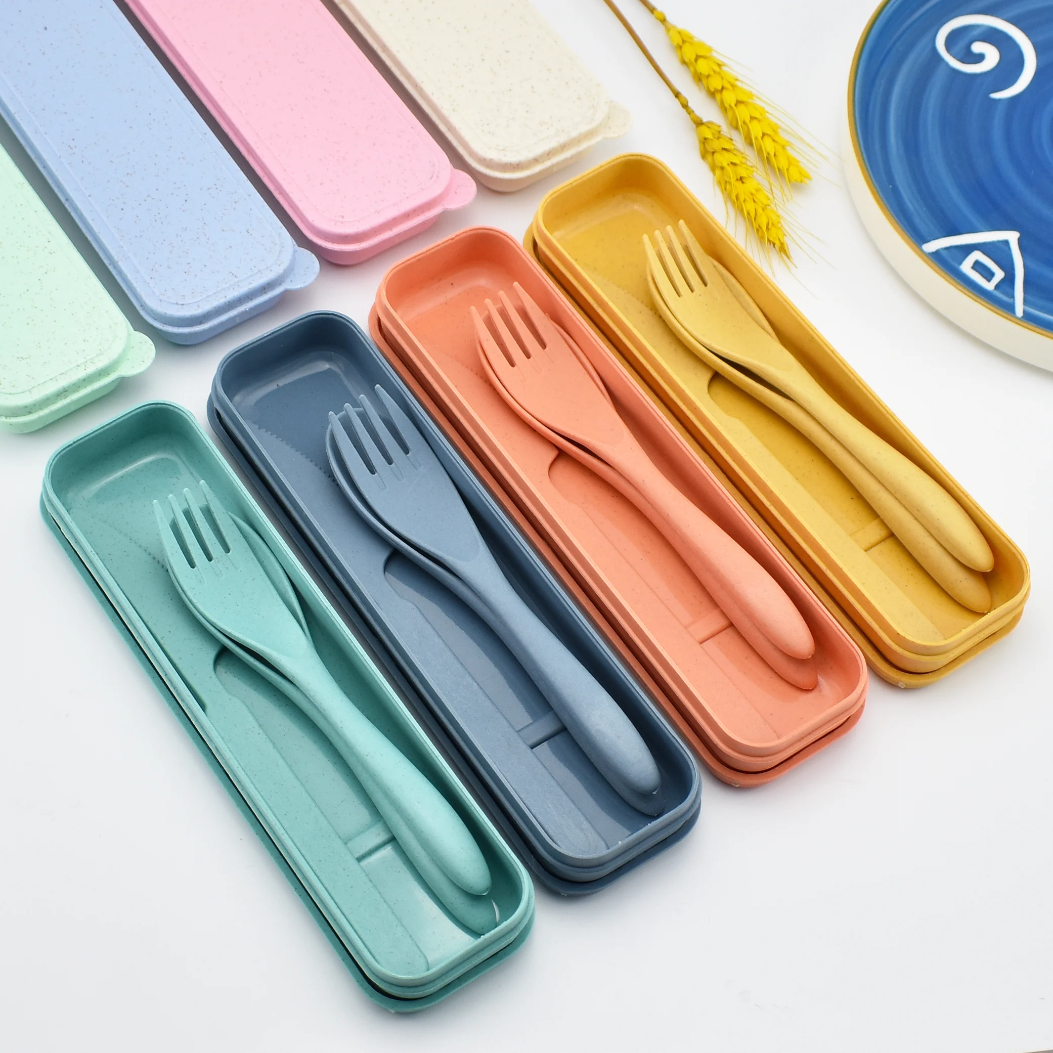 

Oem Custom Cheap Colorful Eco Portable Picnic Wheat Straw Spoon Fork Knife Flatware Biodegradable Plastic Travel Cutlery Box Set