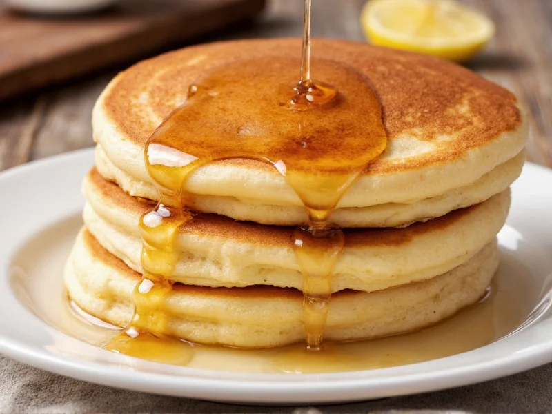 Stack of golden homemade pancakes with maple syrup
