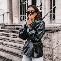 

New Autumn Black Long Belt Tie PU Leather Fit Coat Women Jackets